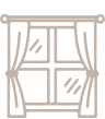 The image shows a simple line drawing of a window with curtains, featuring grid-like panes and two drapes on each side, depicting a classic design.