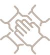 Four stylized hands are interlocked, forming a square design, symbolizing unity and cooperation.