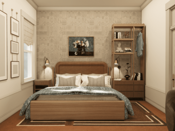 A cozy bedroom with a bed, artwork above, wall lights, and a wardrobe. Neutral tones and decorative frames enhance the decor.