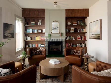A cozy living room with a fireplace flanked by built-in bookshelves, leather chairs, a round coffee table, and warm, inviting decor, ending with a period.