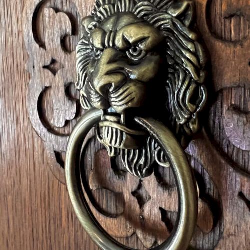 A brass lion door knocker mounted on a carved wooden door, featuring a fierce face gripping a circular ring.